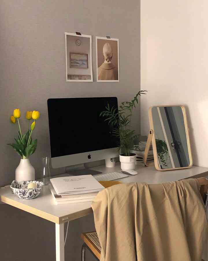 White and beige toned studio apartment home office space featuring a desk with computer and plants, creating a cozy natural workspace
