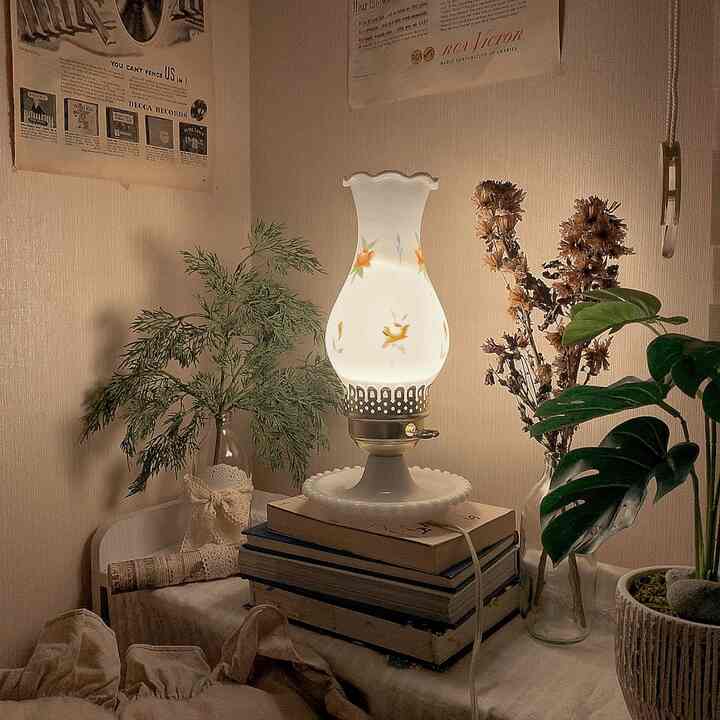 ベージュ色調の小さな部屋の一角にヴィンテージ風の照明と植物が配置された雰囲気のある空間