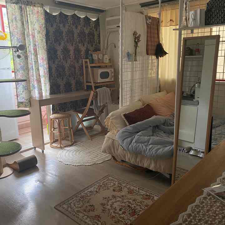 Wood-toned studio apartment featuring sofa and dining table with curtains, creating a cozy bedroom-living area