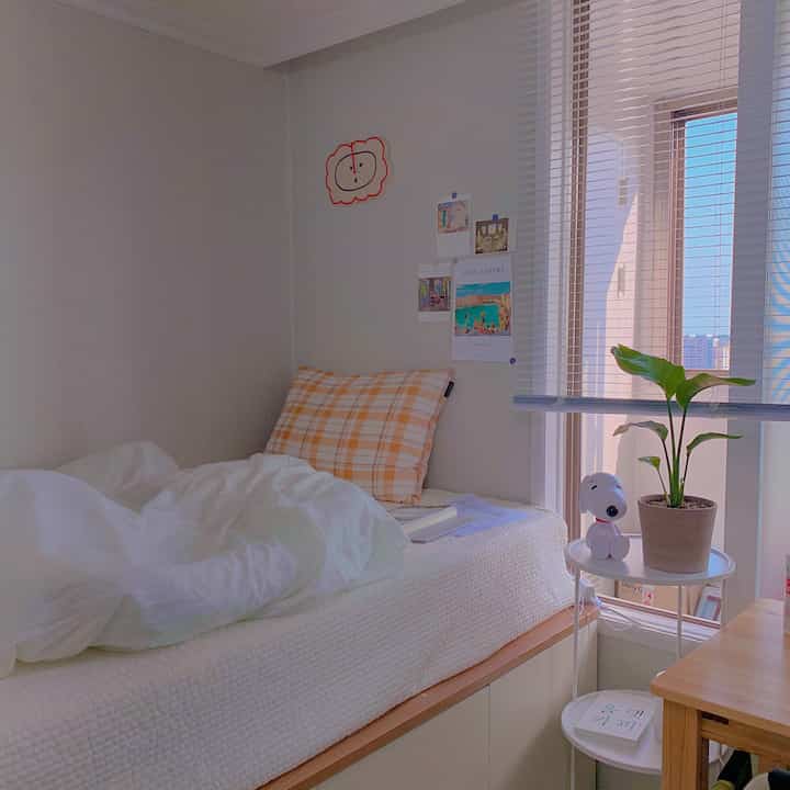 白とベージュの色調のワンルーム寝室、ベッドと枕、窓際の植物が配置された自然で落ち着いた雰囲気のインテリア