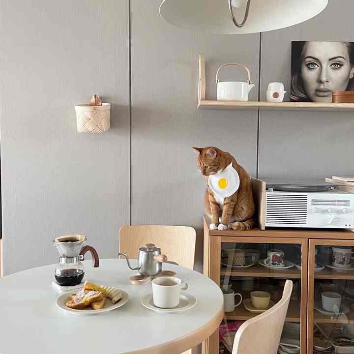 Natural-toned dining room featuring a round table, wooden furniture, and a cat sitting on a cabinet creating a cozy atmosphere