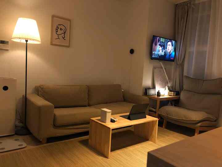 Beige and natural color living room featuring sofa, armchair, and wooden coffee table with a clean, cozy hotel-like atmosphere