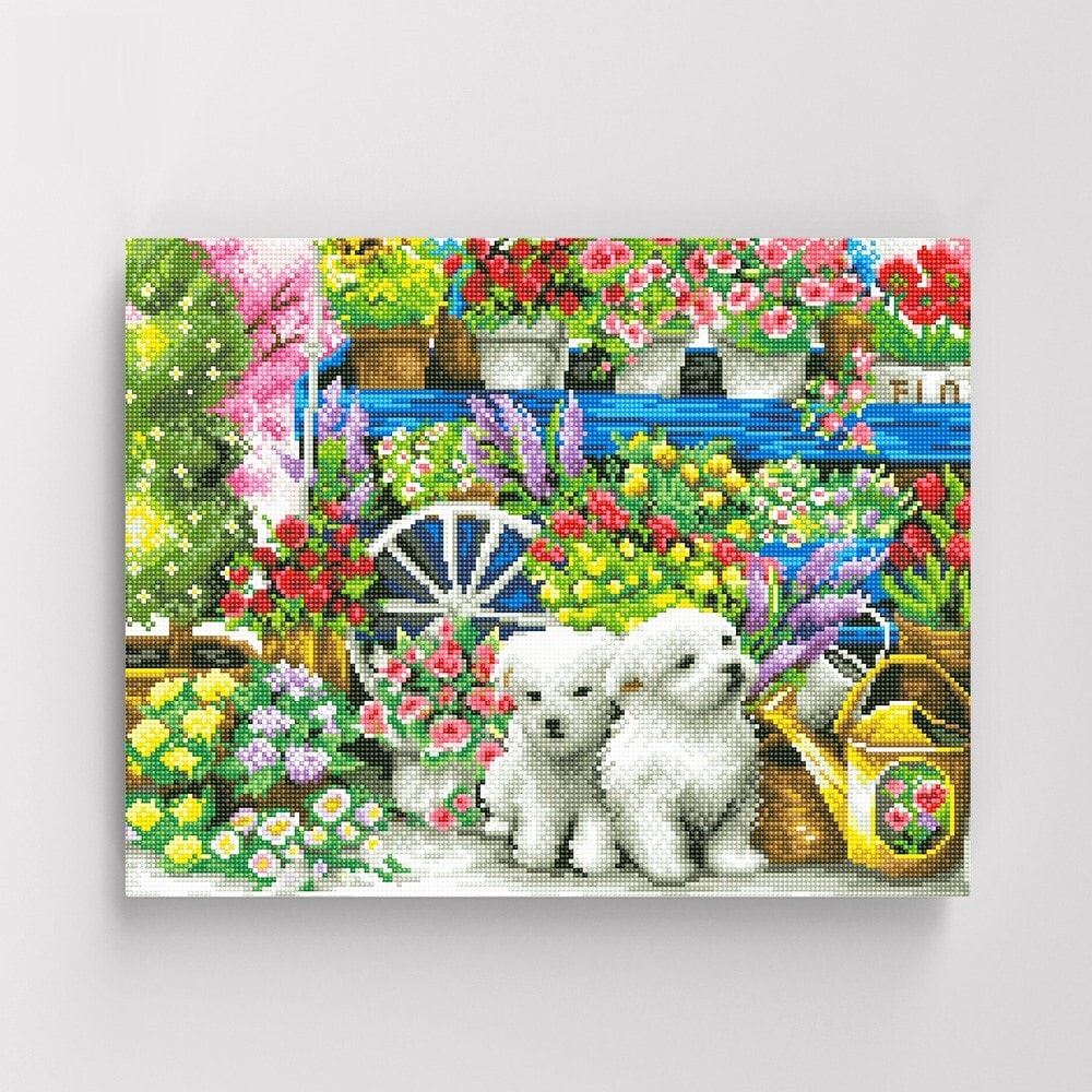 오늘의집 아이러브페인팅 DIY캔버스형 보석십자수 40x50cm 꽃수레와 강아지