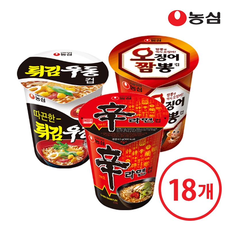 농심 신라면컵6개+튀김우동컵6개+오징어짬뽕컵6개