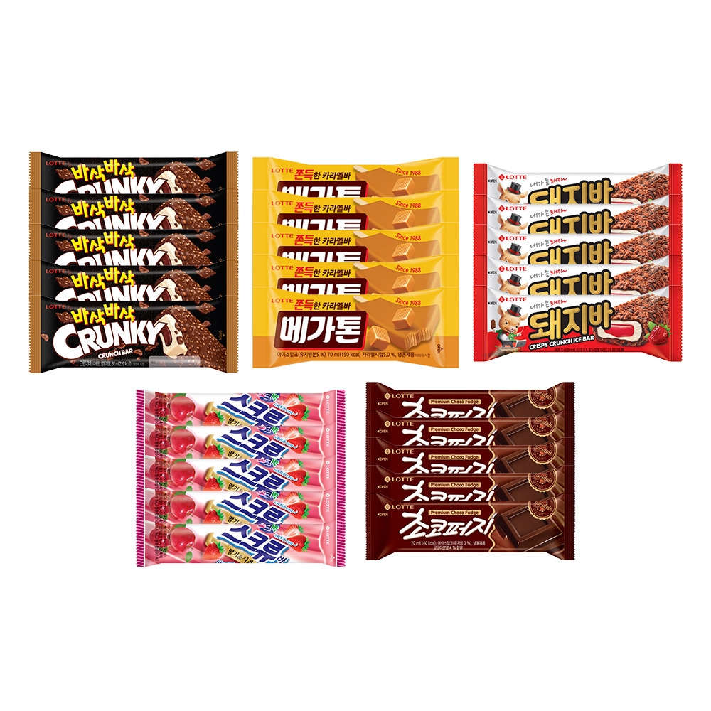 롯데웰푸드 바삭바삭 크런키바x5개+돼지바x5개+초코퍼지x5개+메가톤바x5개+스크류바x5개
