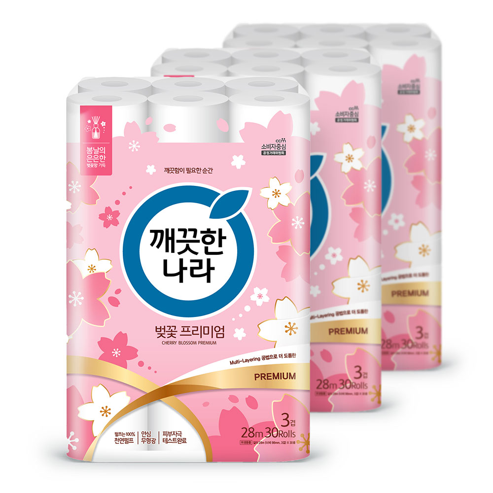 벚꽃 프리미엄 벚꽃향 3겹 화장지 28m 30롤 3팩