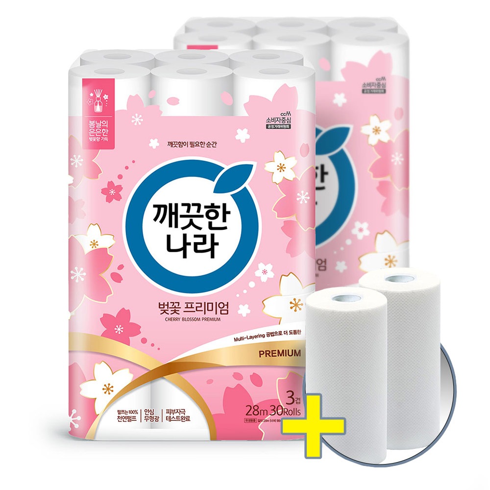 벚꽃 프리미엄 벚꽃향 3겹 화장지 28m 30롤 2팩 +키친타월 100매 2롤