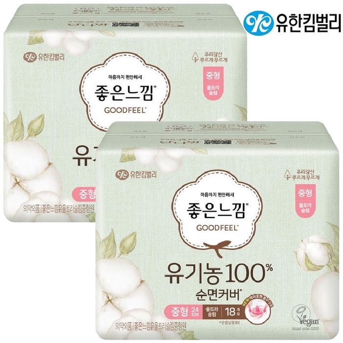 좋은느낌 유기농100% 순면커버 울트라슬림 중형 18개입 x2팩