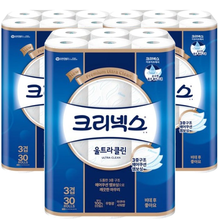 크리넥스 아쿠아 비데3겹 울트라클린 27M 30롤 x3팩