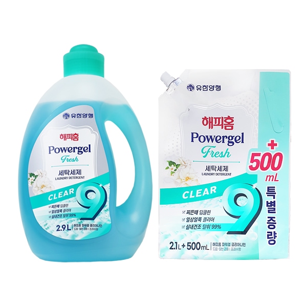 해피홈 파워겔 클리어나인 세탁세제 프레쉬향 2.9L + 리필 2.1L+500ml 가격 비교 해피홈 해피홈 파워겔 클리어나인 세탁세제 프레쉬향 2.9L + 리필 2.1L+500ml