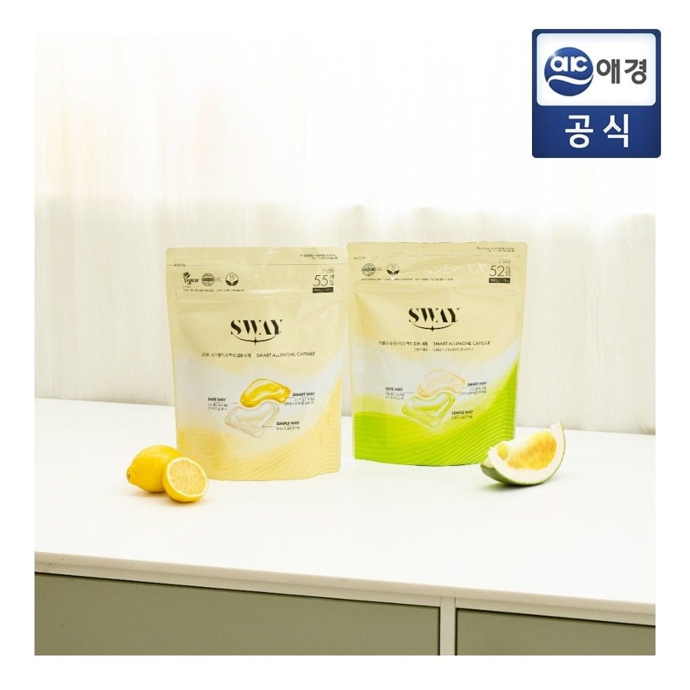 애경 스웨이 식기세척기 올인원 액체캡슐세제 레몬 55입 1개+그린자몽 52입 1개
