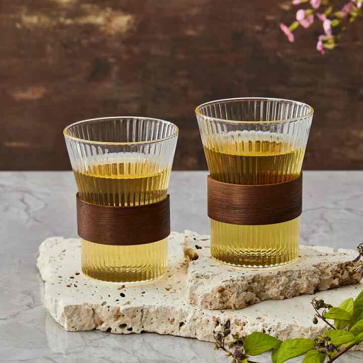 ソウルカフェ ウッドホルダー プリーツ 耐熱ガラス カップ 2個セット 340ml T