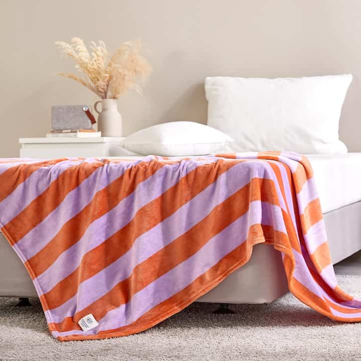 ストライプ ミンク マイクロファイバー ブランケット 100x150 ラベンダーオレンジ