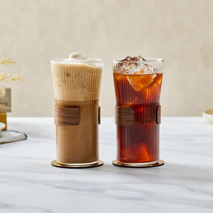 ソウルカフェ ウッドホルダー プリーツ 耐熱グラス 500ml 2個セット