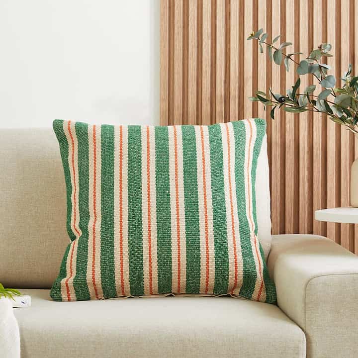 マーケット ハンド ウーヴン ストライプ クッションカバー 50x50cm グリーン