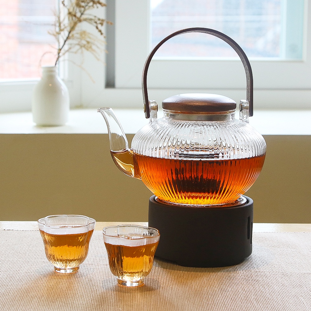 벨르디자인 내열유리 우드 손잡이 800ml 티포트 국화 찻잔 2P 티워머 세트