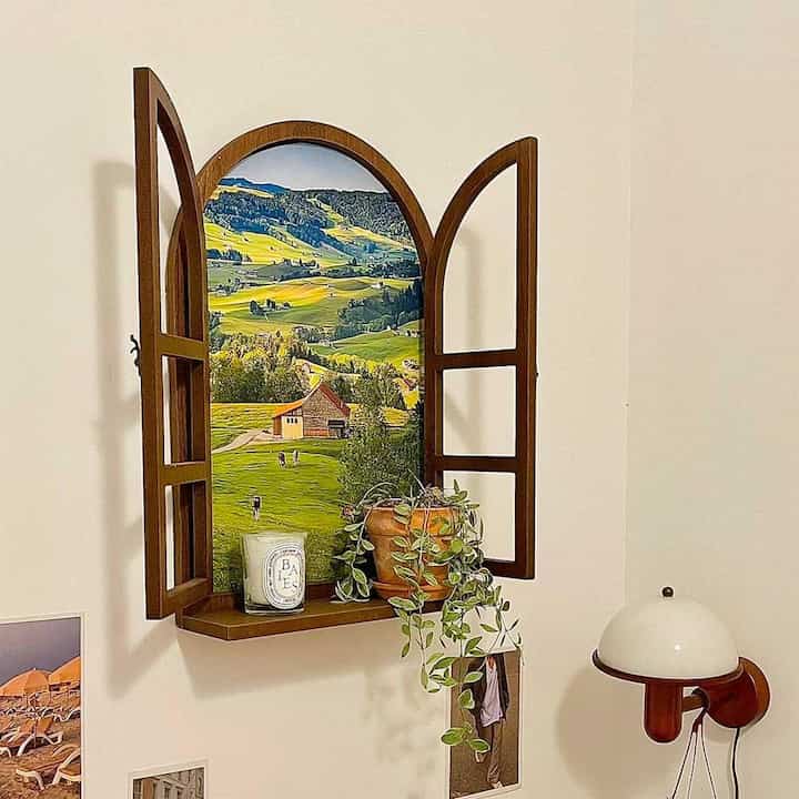 開けられるアーチ型 ウッドフレーム付き ウィンドウ ポスター