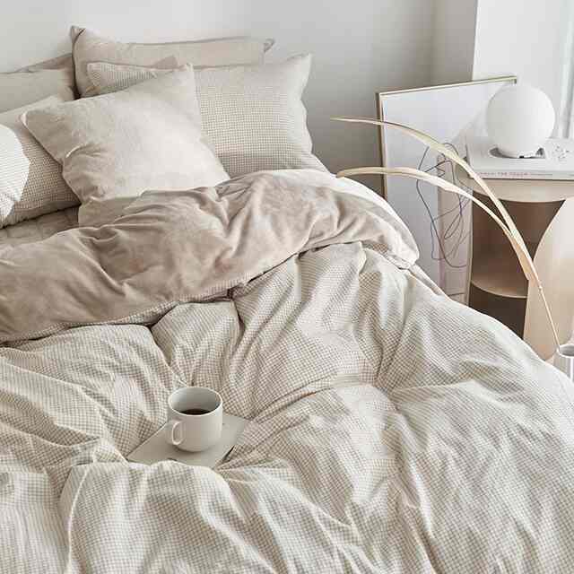 カプチーノ ベージュチェック 布団カバーセット［2サイズ］