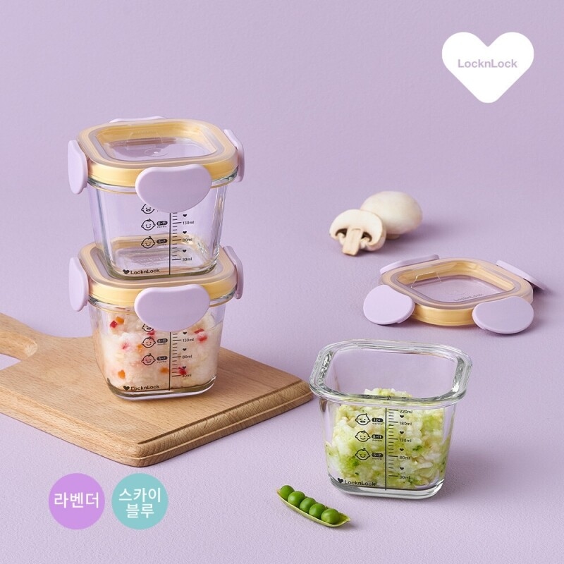 락앤락 리틀럽 디어 이유식용기 정사각 밀폐캡 260ml 3P - 라벤더/스카이블루