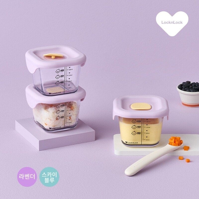 락앤락 리틀럽 디어 이유식용기 정사각 실리콘 간편캡 260ml 3P - 라벤더/스카이블루