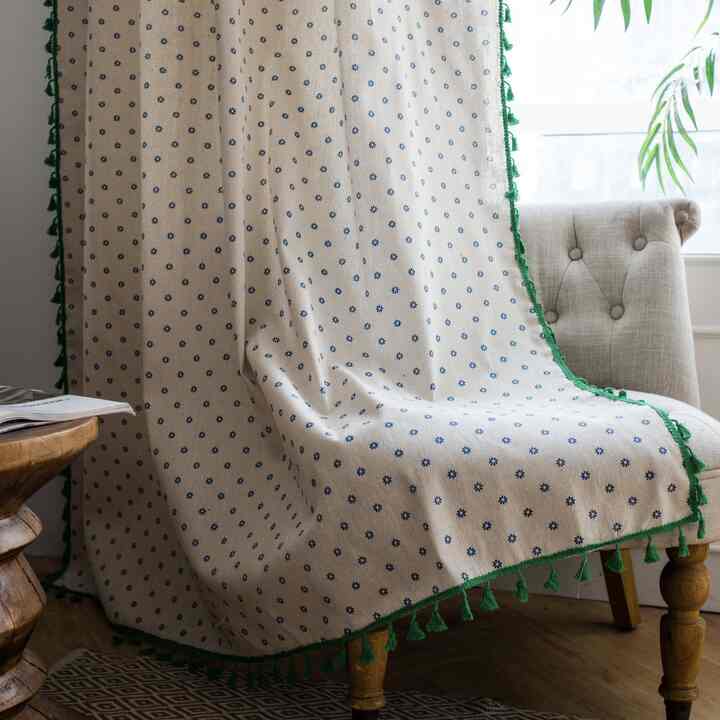 ドット フラワー グリーン タッセル リネンカーテン 150x240