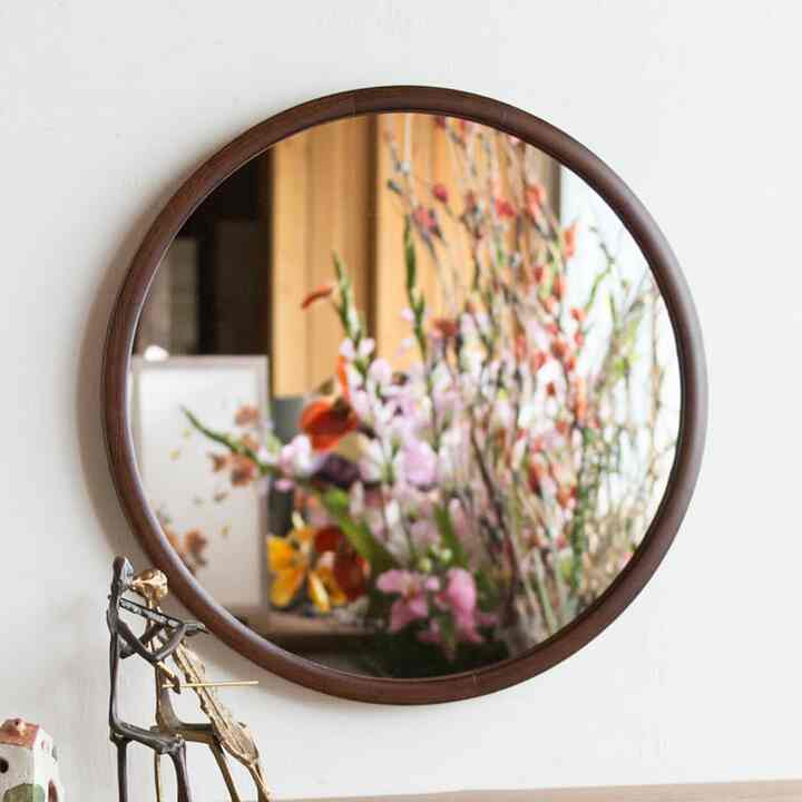 ブラウン 無垢材 円形 壁掛けミラー 45cm