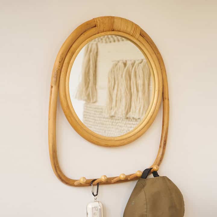 ラウンドフック 壁掛け ラタンミラー