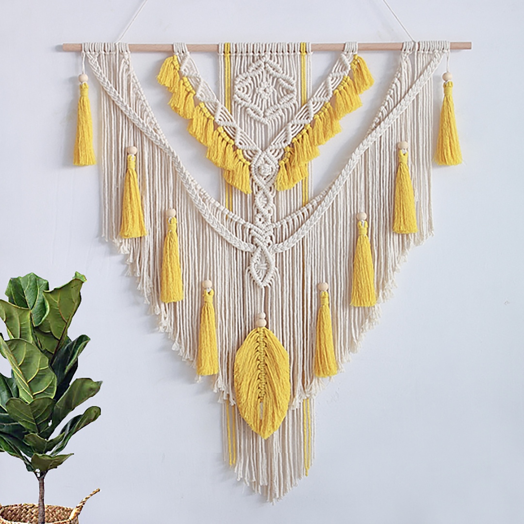 보니타나인 옐로우 테슬 깃털 포인트 대형 마크라메 월행잉 벽데코 (80x90cm)