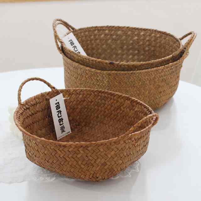 ラウンドハンドル ラタンバスケット（ナチュラル）［3色］