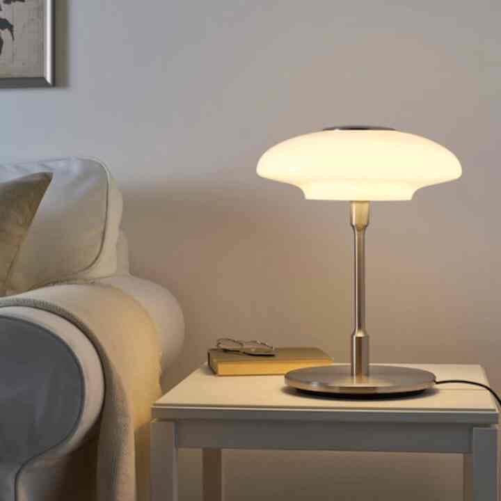 TÄLLBYN, Lampu meja, dilapisi nikel/putih opal kaca, 40 cm