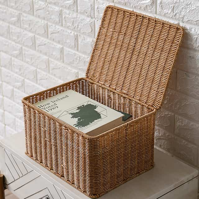 ナチュラル ラタン ふた付き収納バスケット［3サイズ］