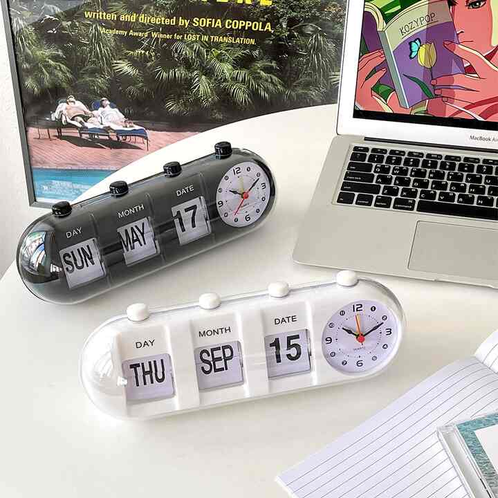 モダンレトロ 置き時計 カレンダー［2色］