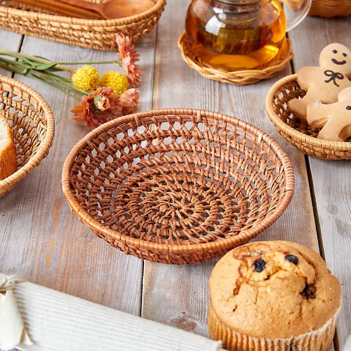 ハンドメイド ラタンバスケット ダークブラウン 18cm