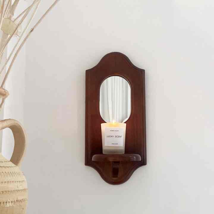 Vintage Wood 壁掛けキャンドルホルダ付きミラー