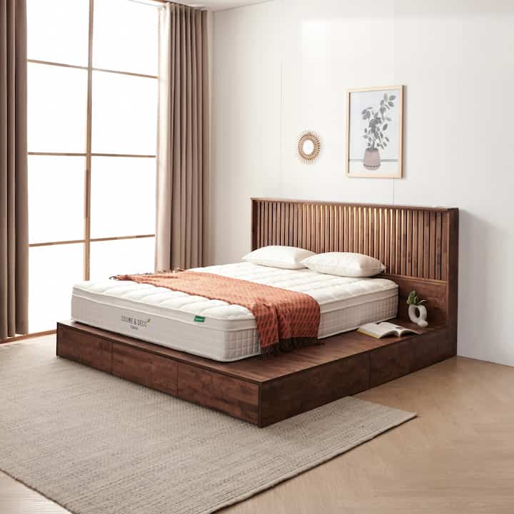 ELENA ラバーウッド無垢材 引き出し付きワイドベッド［2色・4サイズ］