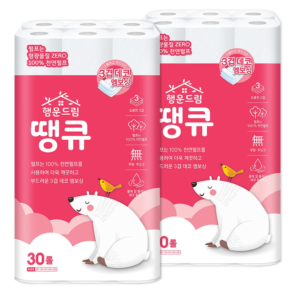 행운드림 행운드림 땡큐 3겹 30롤 2팩 천연펄프 화장지 휴지 두루마리