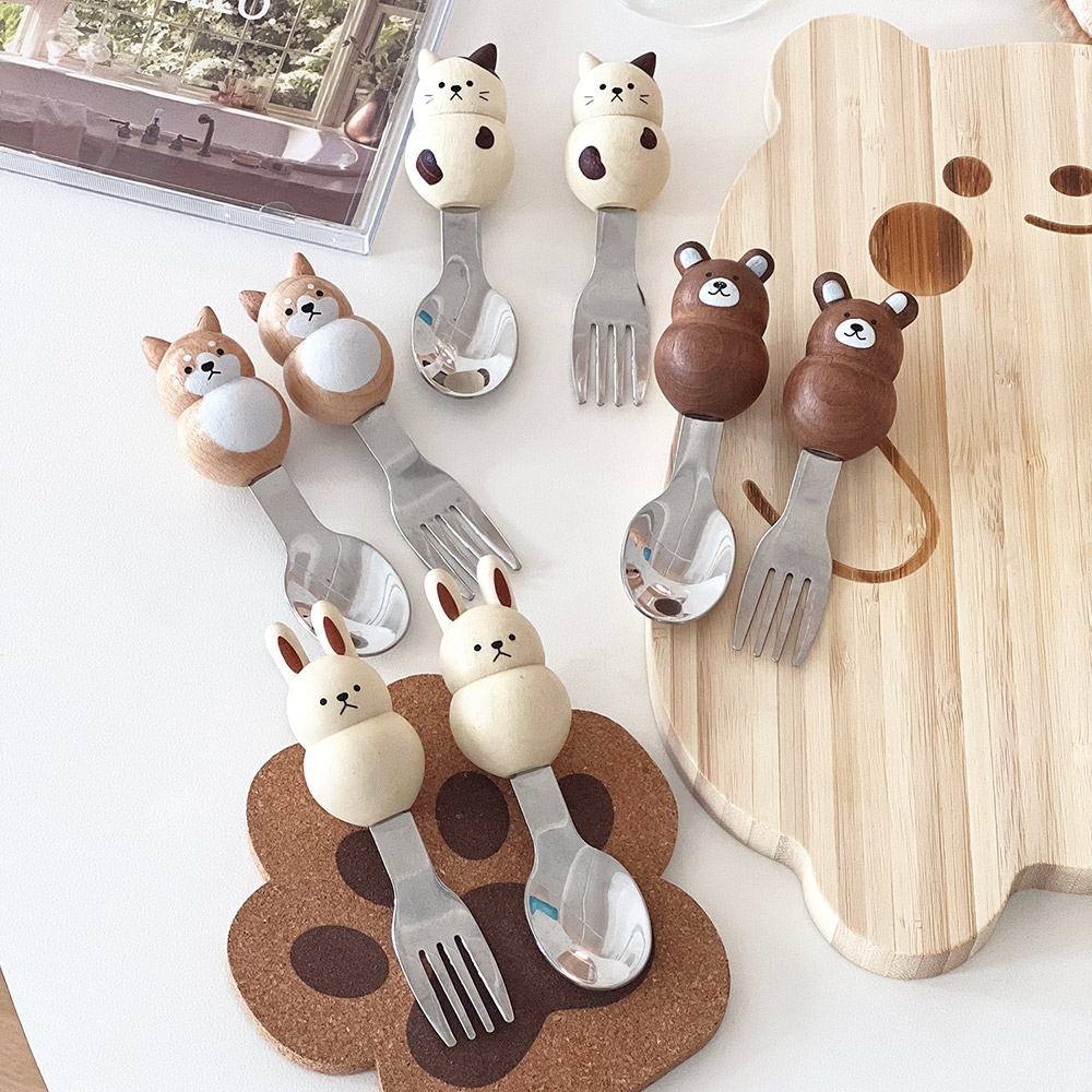 이이공브이샵 HANDMADE 뚱뚱 애니멀 우드핸들 수저 포크세트