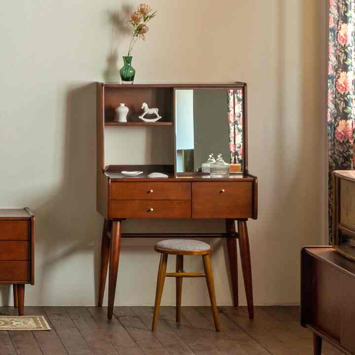 リブ 木製 ドレッサー ミラー付き［2色］