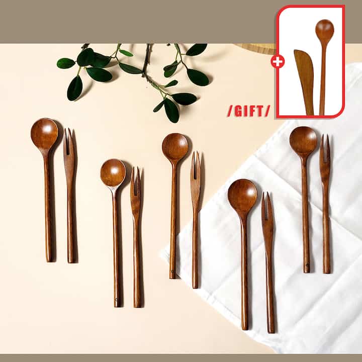 漆塗り ウッド デザートティースプーン＆ティーフォーク 10個セット
