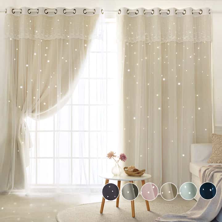 Dimanche Star&lace パンチング遮光＆レースカーテンセット［3色・8サイズ］