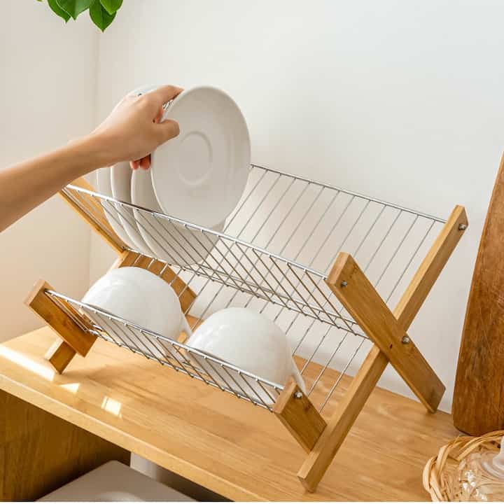 ウッド折りたたみ式の食器水切りラック