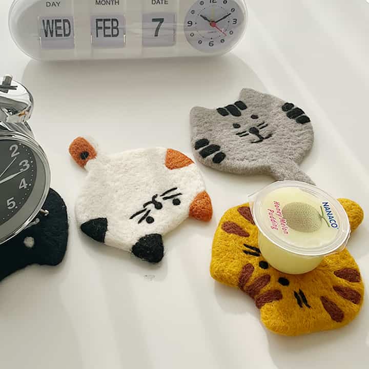猫モチーフ 羊毛フェルト ティーコースター／鍋敷き［4種］