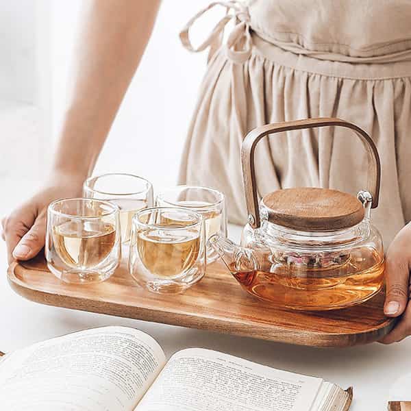 Durable Glass Teapot & Cup Set with Wooden Tray (4-Person Set)