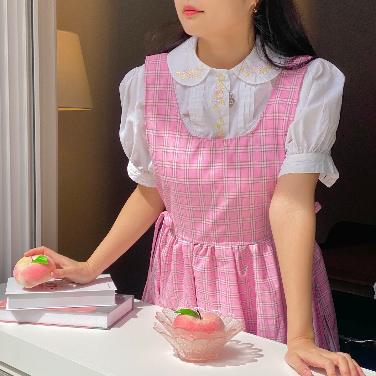 오델리온 피치 체크 원피스 에이프런 앞치마