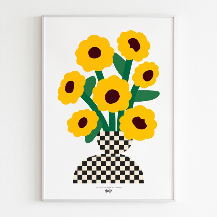 이너조깅 럭키썬 A, 체커보드 해바라기그림 액자 거실 벽장식 벽꾸미기 꽃 인테리어 포스터