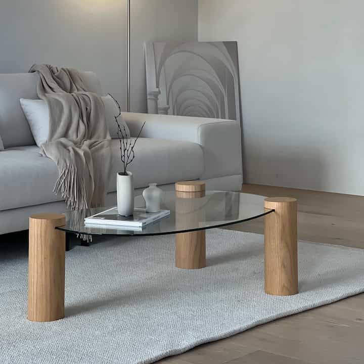 Glass Coffee Table with Wooden Legs