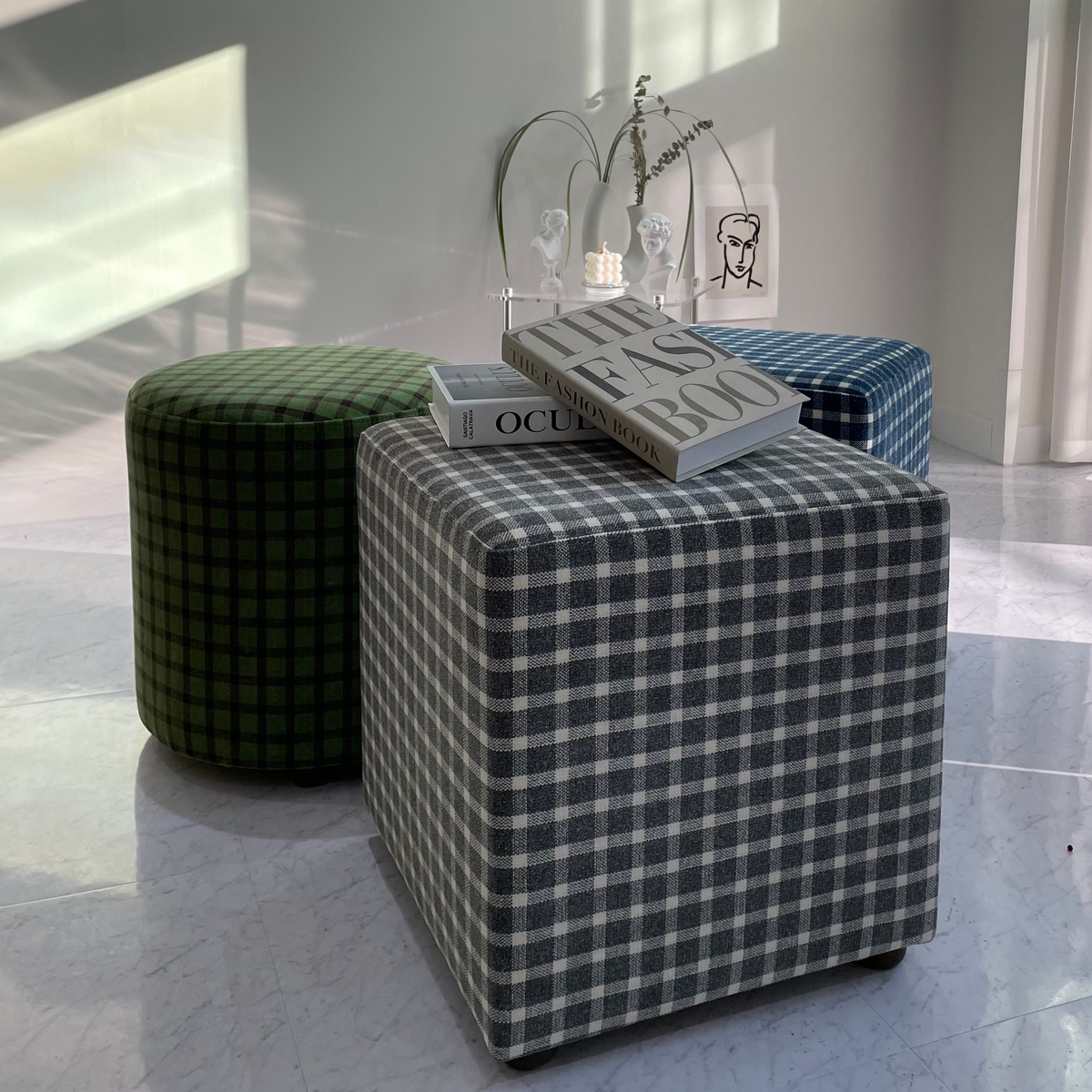 JANG SOFA 패브릭 체크 원형 사각 화장대 보조 의자 스툴 6colors 2size
