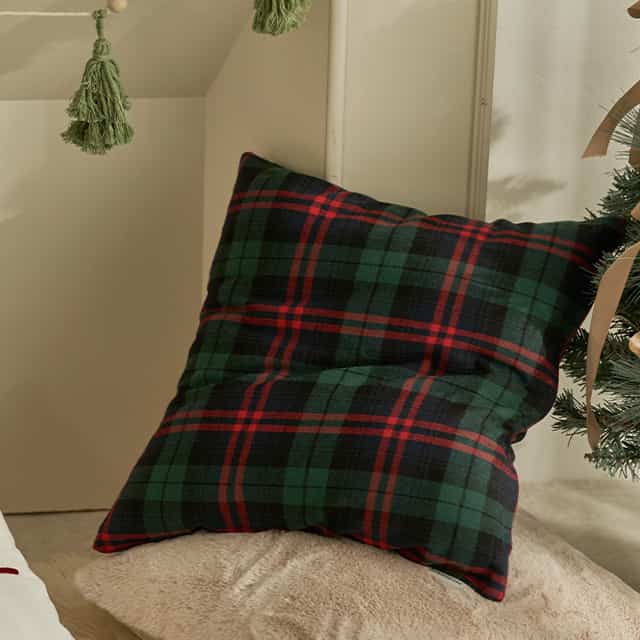Merry Christmas クッションカバー マルチグリーンチェック 45x45cm