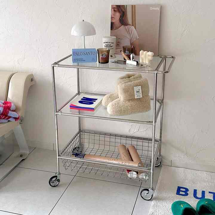 3段 キャスター付き モジュール ガラス ラック