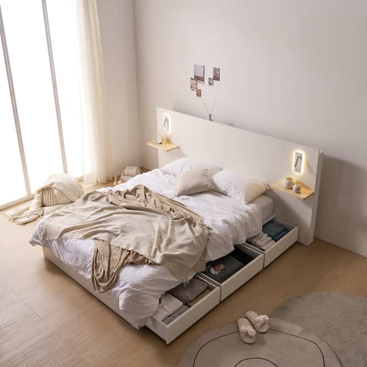 SONA モダン ヒノキシェルフ・収納付きベッド［2サイズ］